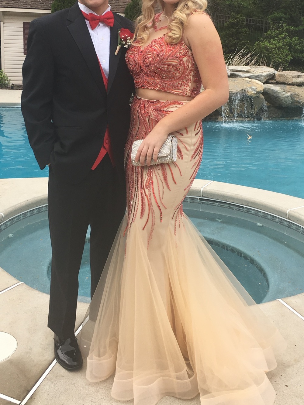 Embellished Two-Piece Beaded Evening Gown in Champagne and Red